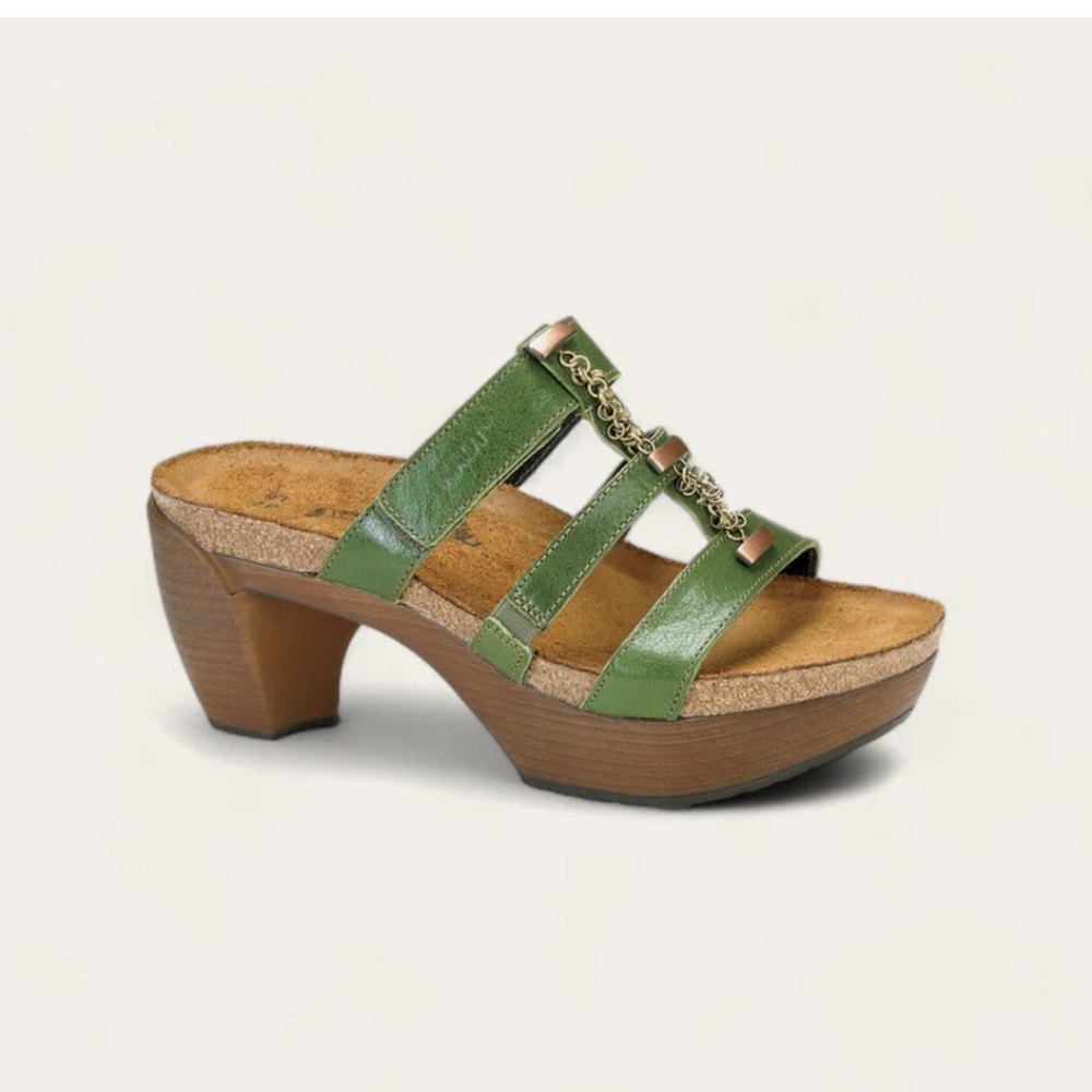 Naot Green Leather Triple-Strap Heeled Sandals with Chain Accent